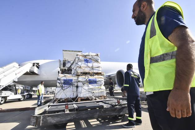 Humanitarian Aid In Lebanon Workers unload a humanitarian aid shipment provided by the European Union at the Beirut International Airport in Beirut, Lebanon, on October 15, 2024. Israel increases its strikes on what it says are sites for the Lebanese militant group Hezbollah and its allies since September 23, following almost a year of cross-border fire, resulting in the deaths of more than 1,200 people and the displacement of around a million from their homes. beirut Lebanon  Copyright: xFadelxItanix originalFilename: itani-notitle241015_npgqm.jpg