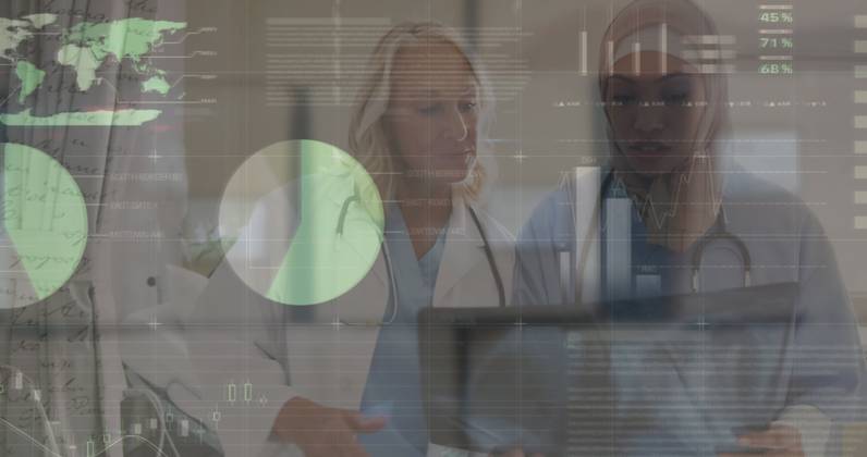 Image of infographic interface over diverse female doctors discussing reports in hospital. Digital composite, multiple exposure, global, report, business, medical, healthcare and communication. , 29.11.2022, 5157940.jpg , people,digital composite,multiple exposure,diverse female doctors,discussing reports,hospital,global,report,business,medical,healthcare,communication,infographic interface,professional team,collaboration,medical consultation,healthcare professionals,medical report discussion,hospital environment,digital healthcare,technology in medicine,diverse medical team,medical data analysis,doctor team meeting,healthcare communication,medical business,team collaboration,global healthcare,digital medical report,healthcare industry,dive Copyright: xVectorxFusionxArtx