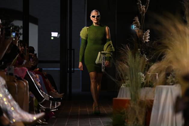 MELBOURNE FASHION WEEK PREVIEW, A model walks the runway wearing a design by Chris Ran Lin during a Melbourne Fashion Week media preview in Melbourne, Monday, October 21, 2024. ( NO ARCHIVING, EDITORIAL USE ONLY, NO USE IN BOOKS WITHOUT CONSENT Melbourne Victoria Australia Copyright: xJAMESxROSSx 20241021126038805329