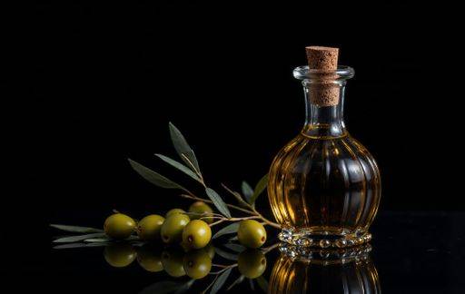 Elegant glass bottle of olive oil with fresh olives and leaves on a reflective surface against a black background. 27085462 RECORD DATE NOT STATED