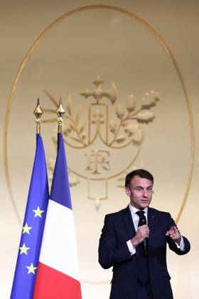 Macron Presides Over Young Talented Entrepreneur Award Ceremony - Paris President Emmanuel Macron speaks during the award ceremony for young talented entrepreneurs from immigration suburbs in France at the Elysee Palace in Paris, France on November 27, 2024. Photo by Stephane Lemouton Pool ABACAPRESS.COM Paris France  Copyright: xLemoutonxStephane Pool ABACAx