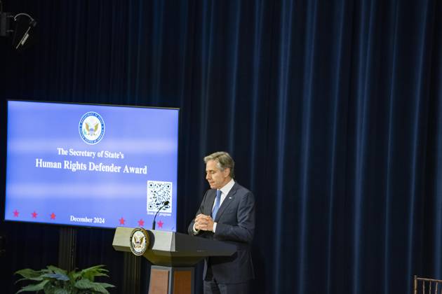 Secretary Of State Antony J. Blinken Will Deliver remarks Secretary™s Human Rights Defender Award Ceremony On December 10, 2024, in Washington, D.C., United States, Secretary of State Antony J. Blinken delivers remarks at the Secretary s Human Rights Defender Award Ceremony at the Department of State. The Secretary is joined by Under Secretary of State for Civilian Security, Democracy, and Human Rights Uzra Zeya and Assistant Secretary of State for Democracy, Human Rights, and Labor Dafna Rand. The award recipients from Azerbaijan, Bolivia, Burma, Colombia, Eswatini, Ghana, Kuwait, and the Kyrgyz Republic demonstrate leadership, courage, and impact in the promotion of human rights. Washington DC United States Copyright: xAndrewxThomasx originalFilename: thomas-notitle241210_npLAb.jpg