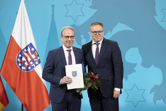 Ernennung Minister Thüringen 13122024 - Georg Maier, Innenminister und MP Mario Voigt +++ Anlaesslich der neuen Brombeer-Koalition aus CD, BSW und SPD wurden die Ministerinnen und Minister in Thueringen ernannt. Erfurt Thueringer Landtag Thueringen Deutschland