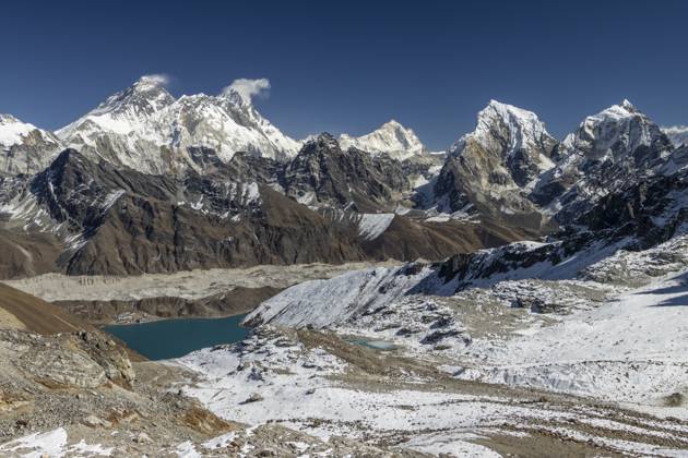 Blick vom Renjo La, dem Bergpass in Khumbu, der Everest Region, fotografiert an einem klaren Herbsttag mit blauem Himmel. Das Bergpanorama besteht aus Achttausendern: Mount Everest, Lhotse, Makalu und andere Himalaya Gipfel: Nutptse, Cholatse, Taboche. Der Ngozumpa, der längste Gletscher im Himalaya, liegt unterhalb. Die Siedlung Gokyo liegt auf seiner Seitenmoräne und dem Gokyo See, dem Dudh Pokhari Ufer. Drei Pässe Trek, Nachmonsun Trekking Saison. Sagarmatha Nationalpark, UNESCO Welterbe. Solukhumbu, Nepal, Asien View from Renjo La, the mountain pass in Khumbu, the Everest Region, photographed on a clear, blue sky, autumn day. Mountain panorama consists of eight-thousanders: Mount Everest, Lhotse, Makalu, and other Himalayan peaks: N Copyright: imageBROKER RadekxKucharski iblrkk12130218