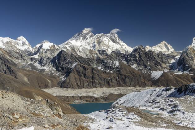 Blick vom Renjo La, dem Bergpass in Khumbu, der Everest Region, fotografiert an einem klaren Herbsttag mit blauem Himmel. Das Bergpanorama besteht aus Achttausendern: Mount Everest, Lhotse, Makalu und andere Himalaya Gipfel wie Nutptse und Pumori. Der Ngozumpa, der längste Gletscher im Himalaya, liegt unterhalb, die Siedlung Gokyo befindet sich auf seiner Seitenmoräne und dem Gokyo See, am Ufer des Dudh Pokhari. Drei Pässe Trek, Nachmonsun Trekking Saison. Sagarmatha Nationalpark, UNESCO Welterbe. Solukhumbu, Nepal, Asien View from Renjo La, the mountain pass in Khumbu, the Everest Region, photographed on a clear, blue sky, autumn day. Mountain panorama consists of eight-thousanders: Mount Everest, Lhotse, Makalu, and other Himalayan pe Copyright: imageBROKER RadekxKucharski iblrkk12130219