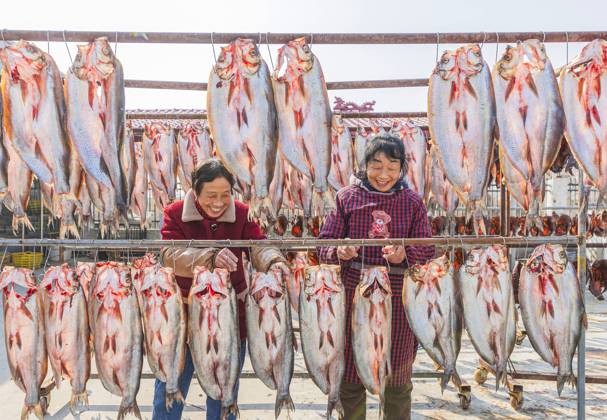 Bilder des Jahres 2025, News 01 Januar News Themen der Woche KW03 Aquatic Product Processing Base in Suqian SUQIAN, CHINA - JANUARY 19, 2025 - Workers dry cured fish at a aquatic product processing base in Suqian, Jiangsu province, China, Jan 19, 2025. Suqian Jiangsu China  Copyright: xCFOTOx i1737268302066