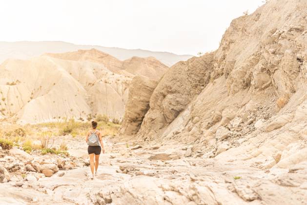 Back view of anonymous female tourist with backpack exploring sandy mountainous terrain in Tabernas desert, model released, , 48349154.jpg, woman, traveler, tourist, desert, adventure, wanderlust, hike, vacation, trekking, nature, mountain, archaeologist, explorer, female, arid, dry, valley, lady, walk, journey, trip, tabernas, backpack, terrain, explore, spain, tourism, landscape, travel, scenic, almeria, waterless, discovery, ridge, summer, activity, formation, sky, range, cloudless, daytime, sunlight, alone, outdoors, copy space, anonymous, unrecognizable, back view RECORD DATE NOT STATED