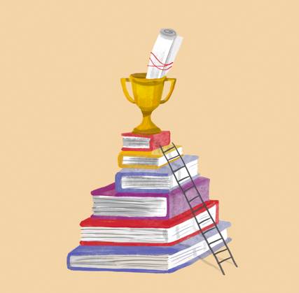 Illustration of a golden cup on a stack of books with a diploma and ladder symbolizing academic success, IAUF00176
