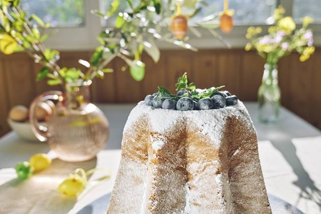 Pandoro bread decorated with icing sugar and blueberries property released, CATF00577