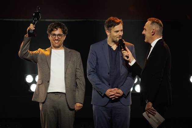 Best Screenplay Fiction Series for Jelle De Beule and Floris Schillebeeckx for Nonkels (Season 2) and Vrt Journalist Xavier Taveirne pictured at the award ceremony of the Ensors Flemish film prizes, as part of the Ostend Film Festival (17th edition) (31 01-08 02), Friday 07 February 2025, in Oostende.  KURTxDESPLENTER 111939964