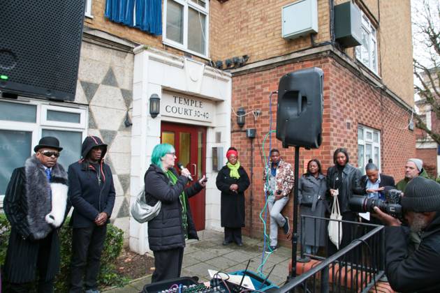 February 10, 2025, London, United Kingdom: People listen to a speaker during the unveiling of Blue plaque for smiley culture. Stockwell-born pioneering reggae star Smiley Culture was honored with a blue plaque at the Lansdowne Green estate on Wandsworth Road-london. Organized by the Nubian Jak Community Trust in collaboration with Sony Music UK. London United Kingdom - ZUMAs197 20250210_aaa_s197_211 Copyright: xThaboxJaiyesimix