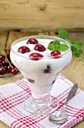 IMAGO Creative, Jahreszeit Sommer, Kirschen Dicker Joghurt im Glas mit Kirsche und Löffel auf einer Serviette, Kirschen in der Untertasse, Minze auf einem Holzbrett im Hintergrund Thick yogurt in glass with cherry and spoon on a napkin, cherries in the saucer, mint on a wooden boards background Copyright: imageBROKER kostrez ibxiqx12384222.jpg