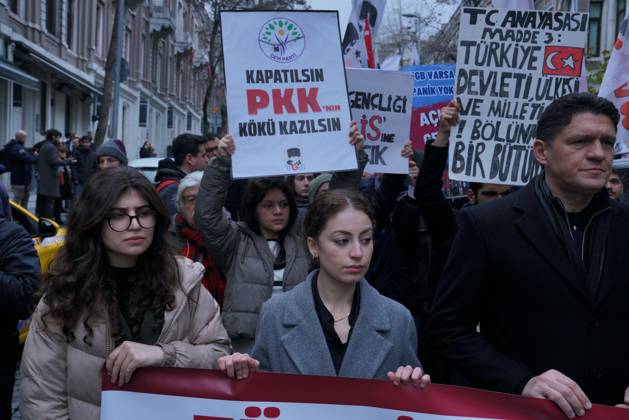 February 16, 2025, Besiktas, Istanbul, Turkey: A protester, hold banner reading People s Equality and Democracy Party (DEM) Party should be closed down, Kurdish Workers Party (PKK) should be rooted out. during a protest demonstration against Turkey s new Kurdish initiative process at Besiktas in Istanbul on February 16, 2025. Turkey s new Kurdish initiative process started with the call of Nationalist Movement Party (MHP) Chairman Devlet Bahceli to Kurdish Workers Party jailed leader (PKK) Abdullah Ocalan to disband the organization on 22Ã‚ OctoberÃ‚ 2024. Besiktas Turkey - ZUMAu194 20250216_zip_u194_005 Copyright: xTolgaxUluturkx
