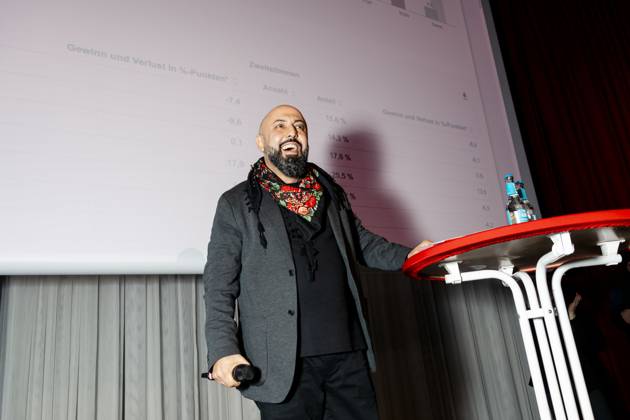 Die Linke Wahlparty von Ferat Kocak (Kocak) am 23.02.2025 Ferat Kocak (Kocak) hält eine Rede auf seiner Wahlparty in Berlin, kurz nach seinem Wahlsieg in Neukölln. Copyright: xEventpressxJeremyxKnowlesx