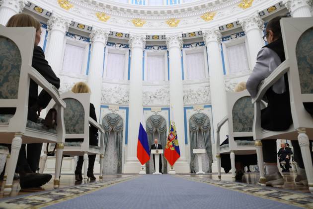 RUSSIA, MOSCOW - MARCH 25, 2025: Russia s President Vladimir Putin speaks during a ceremony in the Kremlin to present Russian Presidential Prizes in Culture, Literature and Art for Year 2024 to young professionals for their works aimed at children and youth. Sergei Savostyanov TASS  79356000