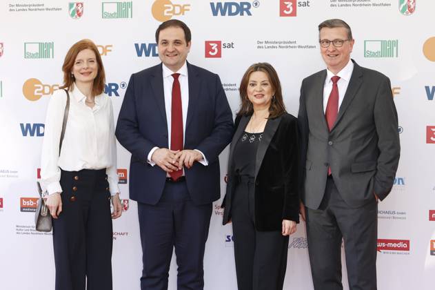 Katrin Vernau, Nathanael Liminski, Cigdem Uzunoglu und Martin Rabanus bei der 61. Verleihung des Grimme Preises 2025 im Theater Marl. Marl, 04.04.2025