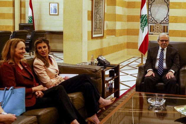 April 5, 2025, Beirut, Beirut, Lebanon: Lebanese Prime Minister Nawaf Salam (R) meets US deputy special envoy for the Middle East, Morgan Ortagus (2nd L) and US ambassador to Lebanon Lisa A. Johnson. Ortagus arrived in Lebanon for talks with Lebanese leaders regarding the Israel-Hezbollah ceasefire that was signed in November, Israeli airstrikes in Lebanon, and the disarmament of pro-Iranian Hezbollah. She is also expected to push for the beginning of talks between Israel and Lebanon on the demarcation of their border, currently marked by the blue line drawn by the United Nations in 2000. Beirut Lebanon - ZUMAn313 20250405_zip_n313_002 Copyright: xMarwanxNaamanix