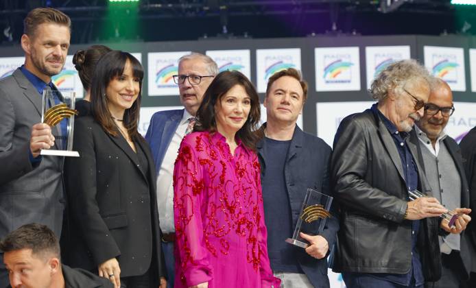 Rust, Germany - April 04, 2025: The 25th Radio Regenbogen Award at Europa-Park with Actress Iris Berben (m), Florian Schroeder, Stephanie Stumph, Guenther Jauch, Michael Bully Herbig, Wolfgang Niedecken, Hannes Ringlstetter 25th Radio Regenbogen Award at Europa-Park