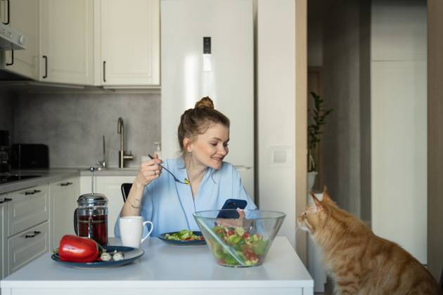MR_ID27929_20617_TatyanaRangulova.jpg, PR_ID27929_10891_Cat.jpg, PR_ID27929_10892_Room.jpg A woman sits at a kitchen table, enjoying a fresh salad while checking her phone. A curious cat sits nearby, capturing the cozy atmosphere of home life., Property released Model Released LiliyaSolopova_ID27929_802065_009 Copyright: xLiliyaxSolopovax