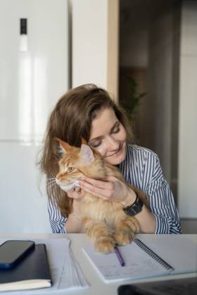 MR_ID27929_20617_TatyanaRangulova.jpg, PR_ID27929_10891_Cat.jpg, PR_ID27929_10892_Room.jpg A woman in a striped shirt lovingly holds her ginger cat while working, surrounded by a phone and a notebook in a bright home setting, conveying warmth and relaxation., Property released Model Released LiliyaSolopova_ID27929_802072_014 Copyright: xLiliyaxSolopovax