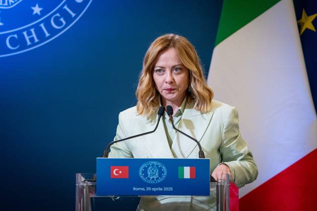 Turkish President Recep Tayyip Erdogan and Italian Premier Giorgia Meloni address the media during a joint press conference at Villa Pamphilj in Rome, Italy, on 29 April 2025. Turkish President Recep Tayyip Erdogan and Italian Premier Giorgia Meloni address the media during a joint press conference at Villa Pamphilj in Rome, Italy, on 29 April 2025., Credit:Stefano Costantino TTL Avalon Italy, Rome Copyright: xStefanoxCostantinoxTTLx xAvalonx 0993526964