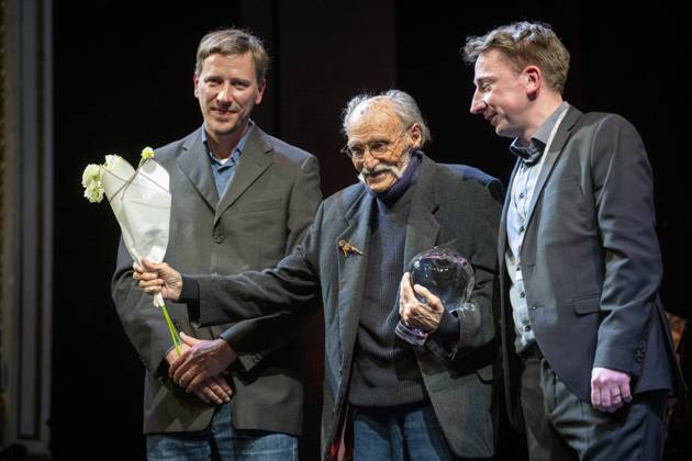 Anifilm 2025 International Festival of Animated Films sterted with opening ceremony at the Saldov Theatre, Liberec, on Tuesday, May 6, 2025. The award for lifetime contribution to animated film was received by animator, painter, graphic designer and typographer Vratislav Hlavaty (middle). The award was presented to him by Anifilm Animation Festival director Tomas Rychecky (left) and programme director Pavel Horacek. (CTKxPhoto RadekxPetrasek) CTKPhotoP2025050608939  CTKPhotoP2025050608939