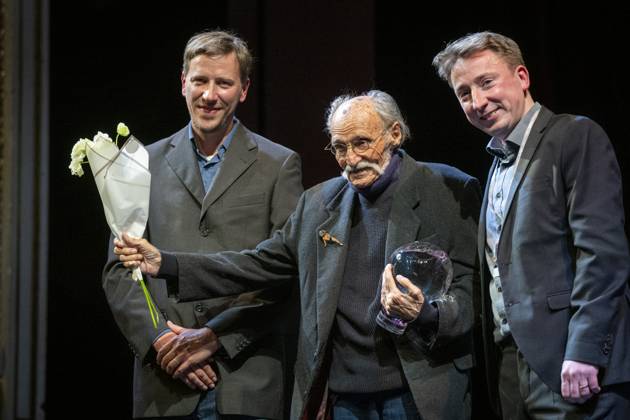 Anifilm 2025 International Festival of Animated Films sterted with opening ceremony at the Saldov Theatre, Liberec, on Tuesday, May 6, 2025. The award for lifetime contribution to animated film was received by animator, painter, graphic designer and typographer Vratislav Hlavaty (middle). The award was presented to him by Anifilm Animation Festival director Tomas Rychecky (left) and programme director Pavel Horacek. (CTKxPhoto RadekxPetrasek) CTKPhotoP2025050608943  CTKPhotoP2025050608943