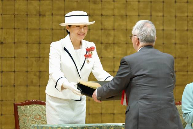Japan Empress Masako at Red Cross event Japanese Empress Masako hands out awards to people who have contributed to the Japanese Red Cross Society s activities during the body s event in Tokyo on May 13, 2025. (Pool photo)  A14AA0004538207P