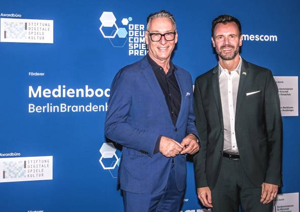 Entertainment, Verleihung des deutschen Computerspielpreis 2025 14.05.2025, xdanx, Entertainment, Verleihung des deutschen Computerspielpreis 2025 emspor, v.l. Helge Juergens und Felix Falk bei der Verleihung des Deutschen Computerspielpreises 2025 am Funkturm Berlin. Berlin Palais am Funkturm Berlin Deutschland (DE) Copyright: xDanielxLakomskix