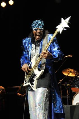Bootsy Collins live at the indigo2 Bootsy Collins - (William Earl Bootsy Collins) Performing live at the indigo2, London, England. July 11th, 2011 stage concert live gig performance music half 3 4 length silver sparkly shiny trousers blue jacket mouth open bandana black sunglasses shades bass guitar CAP MAR Martin Harris London Great Britain Copyright: xMartinxHarris CapitalxPicturesx