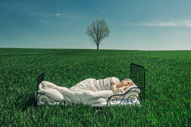 Woman sleeping in a bed in a green field under a blue sky with a lone tree in the background model released, Symbolfoto, VSNF03150