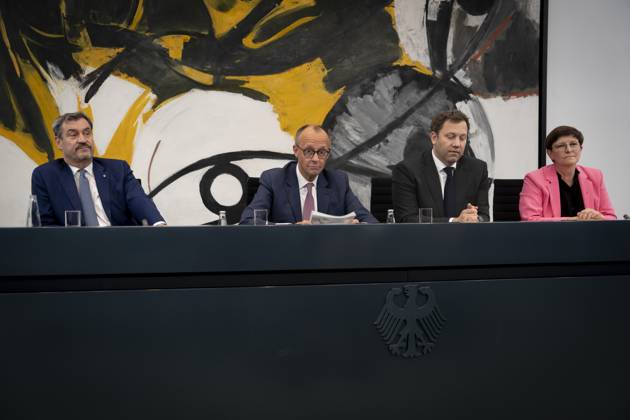 Koalitionsausschuss, Bundeskanzleramt, Pressekonferenz Koalitionsausschuss, Parteivorsitzende, SPD, CDU, CSU, Saskia Esken, Lars Klingbeil, Friedrich Merz, Markus Söder, Bundeskanzleramt, Pressekonferenz Berlin Berlin GER