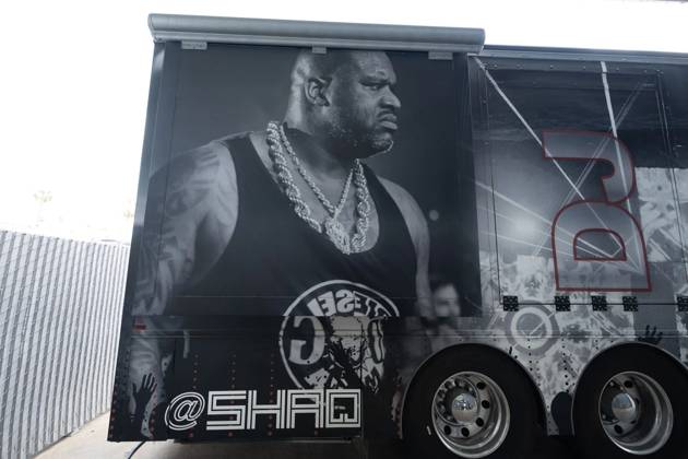Shaquille O Neal s custom touring truck fitted with DJ decks and flat screen TVs for sale Story from Jam Press (Shaq Truck) Pictured: Shaquille O Neal s custom touring truck. Shaquille O Neal s custom touring truck fitted with DJ decks and flat screen TVs for sale Shaquille O Neal s custom touring truck fitted with DJ decks and flat screen TVs is for sale. The NBA legend™s old 2008 Freightliner Columbia RV Conversion is currently up for auction. The former LA Lakers star used the truck for touring around the US. It is plastered in a vinyl wrap featuring images of the 7ft1 superstar. It runs on the fuel which inspired one of the NBA stars many nicknames ˜Shaq Diesel™ linking to his powerful play style on the court. The floorpl Copyright: xJamxPress bringatrailer.com