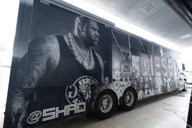 Shaquille O Neal s custom touring truck fitted with DJ decks and flat screen TVs for sale Story from Jam Press (Shaq Truck) Pictured: Shaquille O Neal s custom touring truck. Shaquille O Neal s custom touring truck fitted with DJ decks and flat screen TVs for sale Shaquille O Neal s custom touring truck fitted with DJ decks and flat screen TVs is for sale. The NBA legend™s old 2008 Freightliner Columbia RV Conversion is currently up for auction. The former LA Lakers star used the truck for touring around the US. It is plastered in a vinyl wrap featuring images of the 7ft1 superstar. It runs on the fuel which inspired one of the NBA stars many nicknames ˜Shaq Diesel™ linking to his powerful play style on the court. The floorpl Copyright: xJamxPress bringatrailer.com