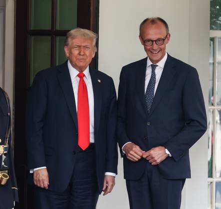 Chancellor Friedrich Merz of Germany is greeted by President Donald Trump as he arrives at the White House in Washington DC on Thursday, June 5, 2025. The two leaders are expected to discuss the conflicts in Ukraine and the Middle East, as well as tariffs and trade.  WAP20250605501 JemalxCountess