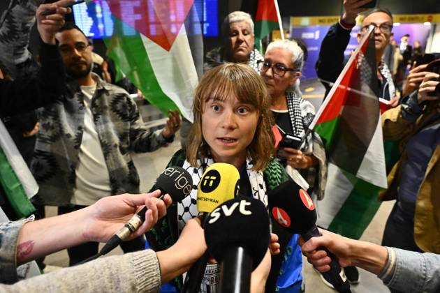 Swedish activist Greta Thunberg talks to journalists as she arrives at Arlanda airport outside Stockholm, Sweden, on June 10, 2025 Thunberg was deported from Israel on Tuesday, after she was detained along with other activists aboard the aid sailship Madleen heading for Gaza on Sunday STOCKHOLM SWEDEN x10040x  Copyright: xAndersxWiklund TTx GRETA THUNBERG ARLANDA GdAonuJwXi8
