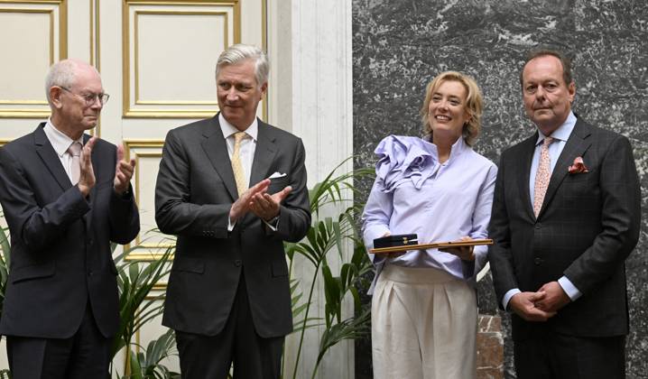 Presentation Of The 2025 Francqui Prize BRUSSELS, BELGIUM - JUNE 12 : King Philippe, , Count Herman Van Rompuy (President of the Francqui Foundation) and Count Frédéric Francqui (Member of the Board) present the Francqui 2025 Prize in Human Sciences to Professor Ine Van Hoyweghen of the Katholieke Universiteit Leuven, at the Palais des Académies in Brussels. Professor Ine Van Hoyweghen receives this prize for her interdisciplinary work on the social and ethical dimensions of biomedical sciences and technological innovation..on June 12, 2025 in Brussels, Belgium, 12 06 2025 Brussels Belgium  Copyright: xBertxVanxDenxBrouckex