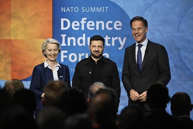 THE HAGUE, THE NETHERLANDS 20250624 EU Commission President Ursula von der Leyen, Ukrainian President Volodymyr Zelenskyj and NATO Secretary General Mark Rutte at the NATO Defense Industry Forum during the NATO Summit in The Hague THE NETHERLANDS x10050x  Copyright: xPontusxLundahl TTx NATOSUMMIT 2025 mCRUnjDhfnA