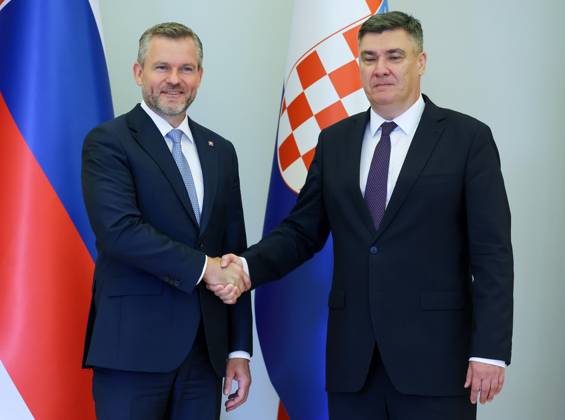 Slovakia Official Visit Croatia President Slovakia Peter Pellegrini meets Croatia President Zoran Milanovic during Slovakia delegation one-day official visit to the Republic of Croatia at Presidential Palace in Zagreb, Croatia on July 1, 2025.  SanjinxStrukic PIXSELL