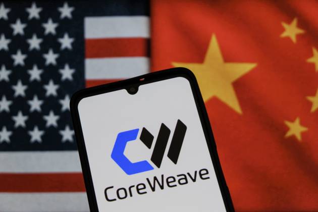 July 18, 2025, Bandung, West Java, Indonesia: In this photo illustration, the CoreWeave, Inc. is an American AI cloud-computing startup logo is seen displayed on a smartphone screen with flag of United States Of America in the background. Bandung Indonesia - ZUMAs281 20250718_zip_s281_018 Copyright: xAlgixFebrixSugitax