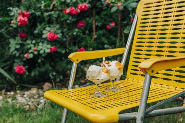Ice cream on yellow armchair in summer garden setting outdoors, VSNF03579