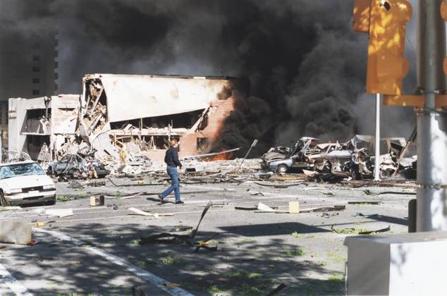 Oklahoma City Bombing April 19, 1995 April 2015 - File - On April 19, 1995, a truck-bomb explosion outside the Alfred P. Murrah Federal Building in Oklahoma City, Oklahoma, left 168 people dead and hundreds more injured. The blast was set off by anti-government militant Timothy McVeigh, who in 2001 was executed for his crimes. His co-conspirator Terry Nichols received life in prison. Pictured - Apr 19, 1995 - Oklahoma City, Oklahoma, U.S - A man wonders near burning cars and destruction outside the Murrah Building. Copyright: xCharlesxPorterxIVx