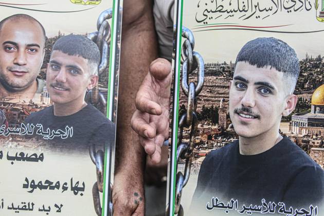 August 12, 2025, Nablus, West Bank, Palestine: Portraits of Palestinian prisoners are seen during a solidarity rally demanding a prisoner exchange agreement between the Israeli government and Hamas. Nablus Palestine - ZUMAs197 20250812_aaa_s197_048 Copyright: xNasserxIshtayehx