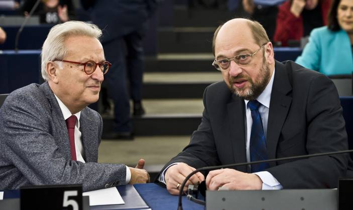 EU Summit Results Debated Dec. 13, 2011 - Strasbourg, Alsace, France - Member of European Parliament (MEP) future president of the EP Martin Schulz (R) and MEP Hannes Swoboda during the debate on the results of EU Summit at the European Parliament headquarters in Strasbourg, France on 2011-12-13 by Wiktor Dabkowski Copyright: xWiktorxDabkowskix