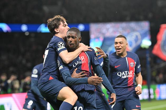 Paris Saint-Germain v Barcelona - UEFA Champions League PARIS, FRANCE - APRIL 10: Ousmane Dembele (10) of Paris Saint-Germain celebrates his goal with his teammates during the UEFA Champions League quarter finals first leg football match between Paris Saint-Germain and FC Barcelona at Parc des Princes in Paris, France on April 10, 2024. France World. Editorial use only. Please get in touch for any other usage. Copyright: x2025xAnadoluxMustafaxYalcınx