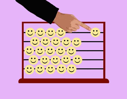 Hand counting smiley faces on abacus symbolizing happiness and wellbeing, GWAF00965