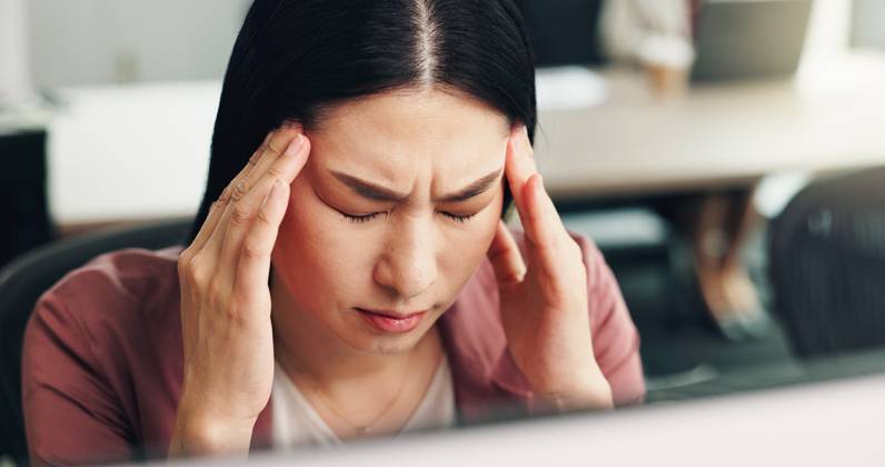 Business, headache and woman in office, stress and overworked with fatigue. Japanese person, employee and consultant in workplace, migraine and tired with burnout, deadline for project and tension Business, headache and woman in office, stress and overworked with fatigue. Japanese person, employee and consultant in workplace, migraine and tired with burnout, deadline for project and tension., model released, , property released, , 63250326.jpg RECORD DATE NOT STATED