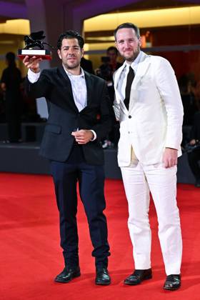 Venice Winners Red Carpet AM James A. Smith and Joe Beshenkovsky pose with the Venice Classics Best Documentary on Cinema Award for Mata Hari attending the Winners Red Carpet of the 82nd Venice International Film Festival at the Lido in Venice, Italy on September 06, 2025. Photo by Aurore Marechal ABACAPRESS.COM Venice Italy  Copyright: xMarechalxAurore ABACAx