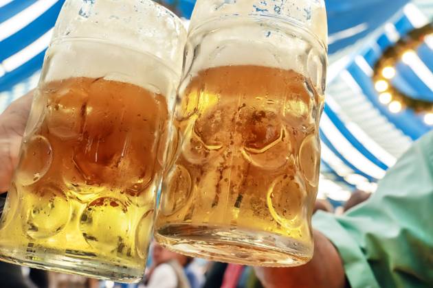 Radlermaß, Gäste stoßen mit ihrer Radlermaß im Bierzelt an, Volksfest, Abensberg, September 2025 Deutschland, Abensberg, 8. September 2025, Radlermaß auf dem Volksfest, Gäste stoßen mit ihrer Radlermaß an, eine klassische Radlermaß ist gemischt aus Bier mit Zitronenlimonade, Helles, Limonade, das Biermischgetränk enthält dadurch viel weniger Alkohol, ist leichter als eine Maß Bier, 1 Liter Maßkrug, Gillamoos ist ein traditionelles bayerisches Volksfest, Bayern,