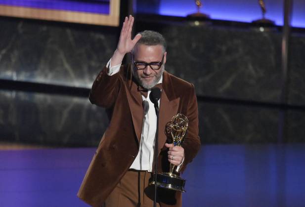 Actor Seth Rogen holds the Outstanding Lead Actor in a Comedy Series award for The Studio at the 77th annual Primetime Emmy Awards at the Peacock Theater in Los Angeles on Sunday, September 14, 2025.  LAP20250914710 JIMxRUYMEN